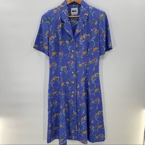 Vintage Leslie Fay Purple Floral Dress with Gold Button and Tie Back Detail  10P